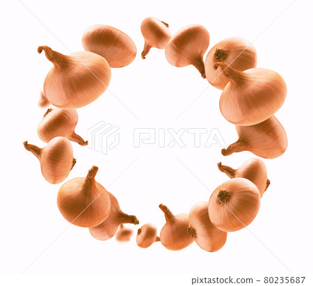 Ripe Golden onion levitates on a white background Ripe Golden onion levitates on a white background 80235687
