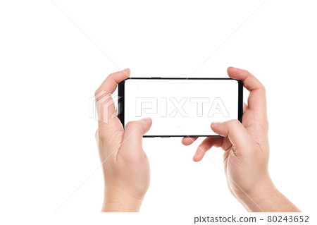 Man hands typing on the black smartphone blank screen with modern frameless design isolated on white background 80243652