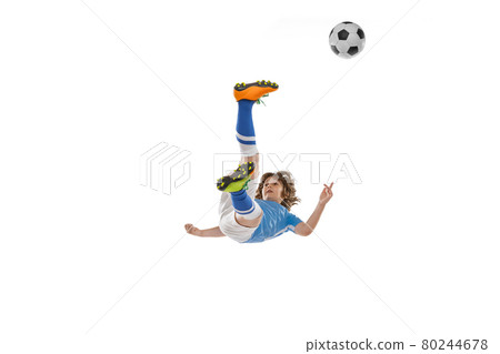 Little boy, football soccer player in action, motion training isolated on white studio background. Concept of sport, game, hobby 80244678