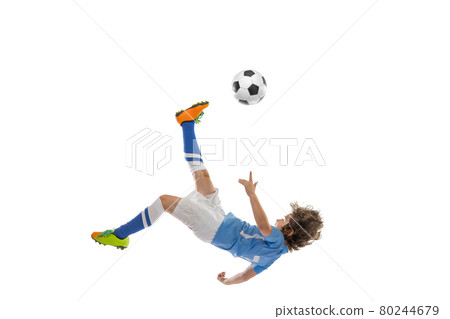 Little boy, football soccer player in action, motion training isolated on white studio background. Concept of sport, game, hobby 80244679
