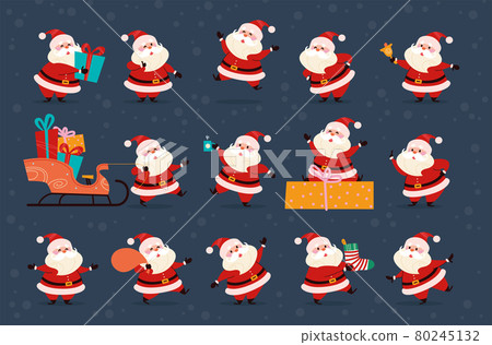 Set of funny Santa Claus characters carry gift box, presents bag and Christmas stocking, ring bell, wink, jump isolated.  80245132