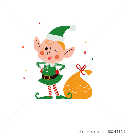 Cute little Santa elf character smiling and winking at presents bag isolated. Vector flat cartoon illustration.  80245134