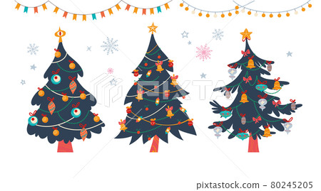 Set of different Christmas fir trees decorated with ornate decor elements, toys balls, bells and garlands isolated.  80245205