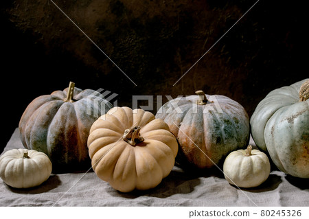 Colorful pumpkins collection on linen tablecloth. Dark still life 80245326