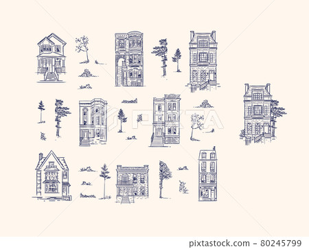 Houses and trees vintage style dark blue 80245799