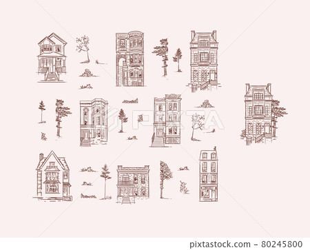 Houses and trees vintage style brown lines Houses and trees vintage style brown lines 80245800