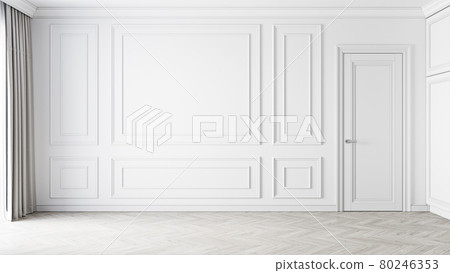 Classic empty white interior blank wall with moldings. 3d render illustration mockup. 80246353