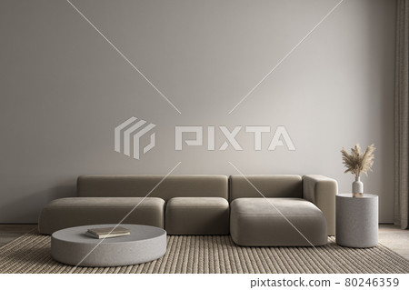 Modern minimalism interior with sofa, coffee tables and decor. 3d render illustration mockup. 80246359