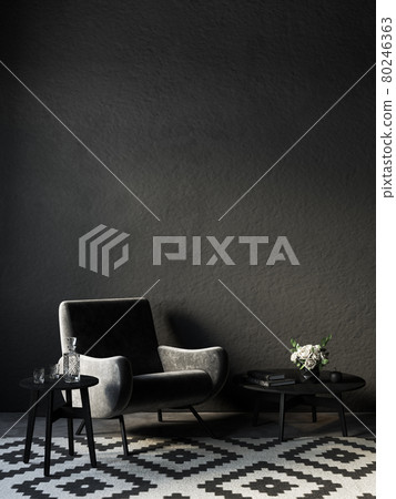 Black interior with leather armchair and decor. 3d render illustration mockup. Black interior with leather armchair and decor. 3d render illustration mockup. 80246363