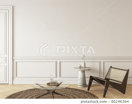 Classic beige interior with lounge chair and decor. 3d render illustration mockup. Classic beige interior with lounge chair and decor. 3d render illustration mockup. 80246364
