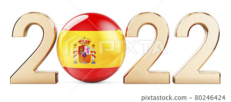 2022 with Spanish flag, 3D rendering 2022 with Spanish flag, 3D rendering 80246424