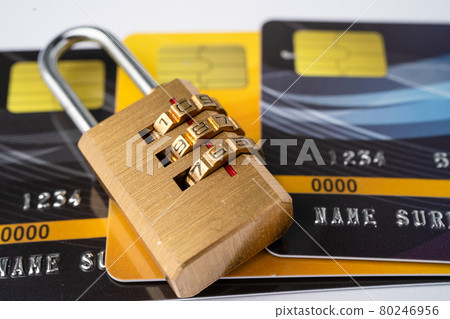 Credit card with password key lock isolated on white background. Credit card with password key lock isolated on white background. 80246956