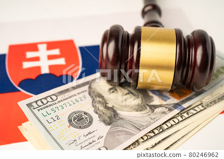 Slovakia flag country with gavel for judge lawyer. Law and justice court concept. Slovakia flag country with gavel for judge lawyer. Law and justice court concept. 80246962