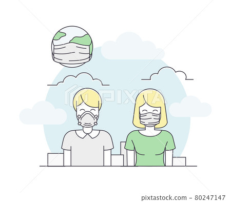 Pandemic with Medical Mask Wearing as Safety Measure Line Vector Illustration 80247147