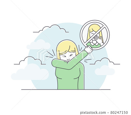Pandemic with Woman Covering with Elbow While Coughing as Safety Measure Line Vector Illustration Pandemic with Woman Covering with Elbow While Coughing as Safety Measure Line Vector Illustration 80247150