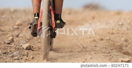 Mountain biker riding on bike singletrack trail, back view of mountain biker. Mountain bike race 80247171