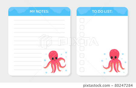 Lined Notes and To Do List with Cute Funny Pink Octopus with Tentacles Vector Template 80247284