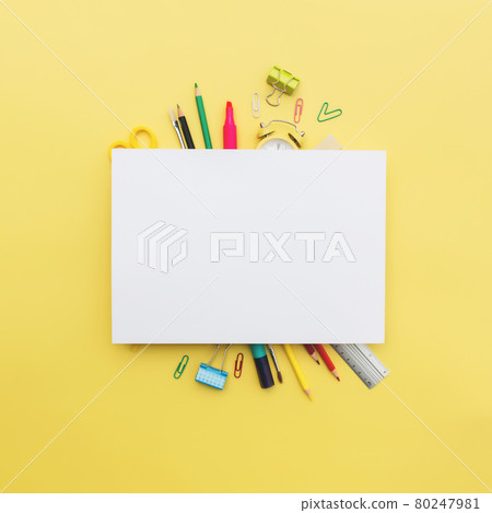 Back to school conceptual flat lay with different office supply objects Back to school conceptual flat lay with different office supply objects 80247981
