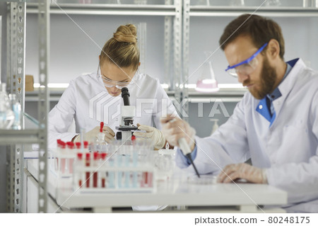 Health researchers diverse team working in biological science laboratory Health researchers diverse team working in biological science laboratory 80248175
