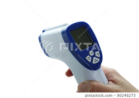 Female hand hold thermometer gun, isolated on white background Female hand hold thermometer gun, isolated on white background 80248273