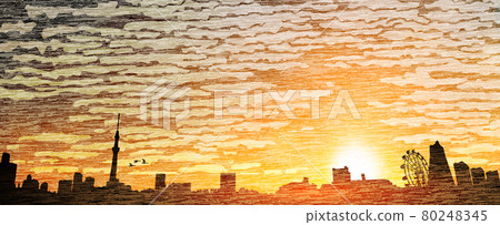 Ukiyo-e style autumn clouds, sunsets, silhouettes of the city and migratory birds Ukiyo-e style autumn clouds, sunsets, silhouettes of the city and migratory birds 80248345