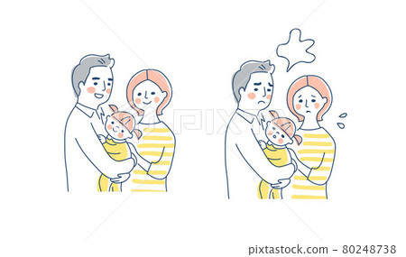 3 口之家微笑和困擾的面部表情 3 口之家微笑和困擾的面部表情 80248738