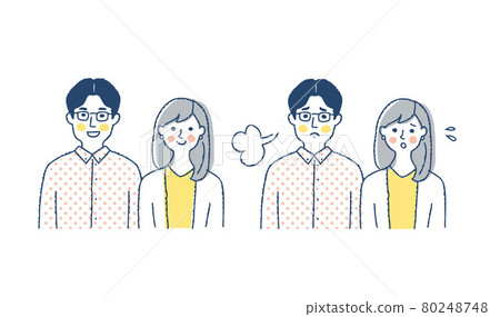 Young couple smiling and embarrassed facial expressions Young couple smiling and embarrassed facial expressions 80248748