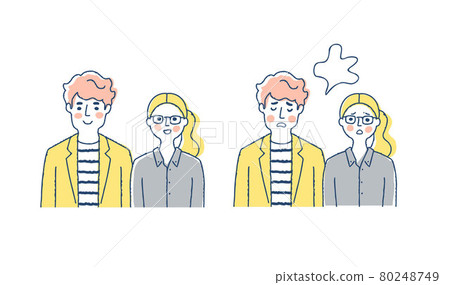 Young couple smiling and embarrassed facial expressions Young couple smiling and embarrassed facial expressions 80248749