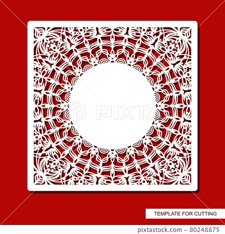 Square frame with a carved pattern. Openwork border with floral ornaments, curls. Wedding invitation, card with place for text (copy space).  Vector template for plotter laser cutting of paper, cnc. 80248875