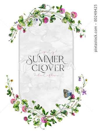 Watercolor Wildflower Wreath made of Clover Flowers and Leaves, Foliage, Greenery, Meadow Grass Isolated on White. 80249425