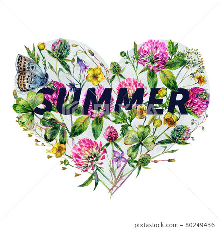 Watercolor Heart-Shaped Clover Bouquet Isolated on White. 80249436