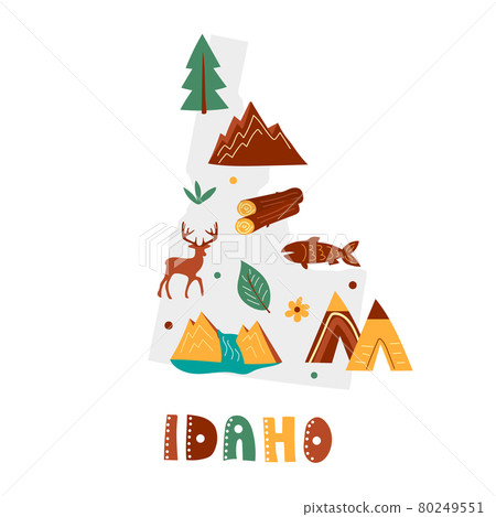 USA map collection. State symbols on gray state silhouette - Idaho 80249551