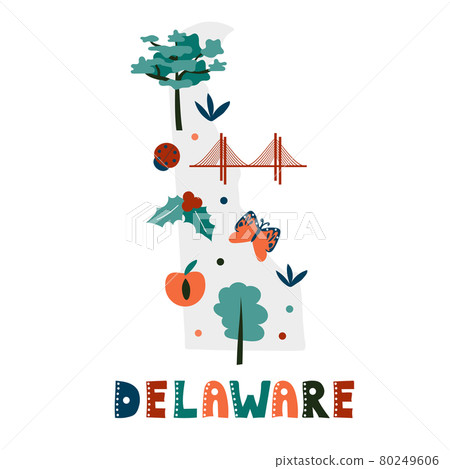 USA map collection. State symbols on gray state silhouette - Delaware 80249606