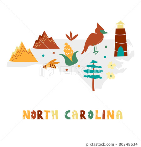 USA map collection. State symbols on gray state silhouette - North Carolina USA map collection. State symbols on gray state silhouette - North Carolina 80249634