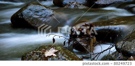 Calm meditative Close-up of the white water of a flowing stream, with long exposure time Calm meditative Close-up of the white water of a flowing stream, with long exposure time 80249723