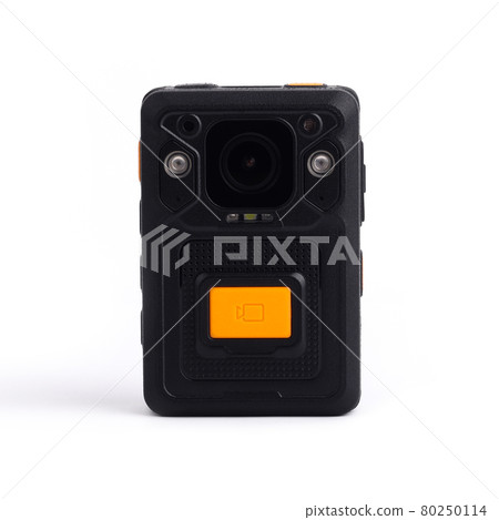 Black Officer body cam with yellow orange button record. Personal Wearable Video Recorder, Portable DVR, camera isolated on white background. Closeup, front view 80250114