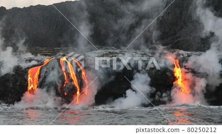 Hawaii Lava flowing into the ocean from lava volcanic eruption on Big Island Hawaii, USA. Lava stream flowing in Pacific Ocean from Kilauea volcano, USA. Seen from water 80250212