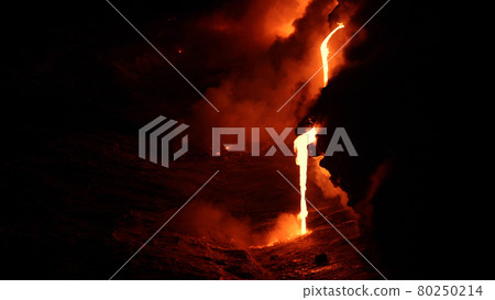 Lava flowing into the ocean from volcano lava eruption on Big Island Hawaii. Lava stream flowing in Pacific Ocean from Kilauea volcano by Hawaii volcanoes national park, USA 80250214