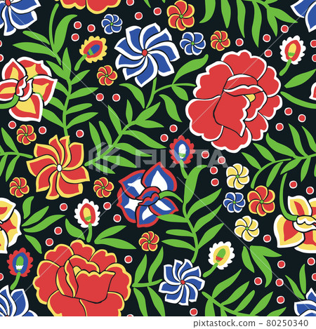 Seamless pattern with floral ornament in the style of Mexican otomi embroidery. Seamless pattern with floral ornament in the style of Mexican otomi embroidery. 80250340