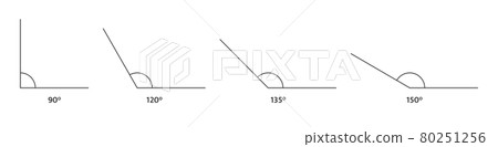 Angle icons set. Math geometric design element. 90, 120 135 150 degree measure. Triangle sign. Technical architect blank. Trigonometry templates. Vector illustration 80251256