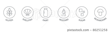 Allergen line icon big set. Gluten mustard, shellfish gmo sesame, lactose, mollusk, mushrooms free. Organic and natural food labels on long banner. Allergy warning ingredients. Vector illustration 80251258