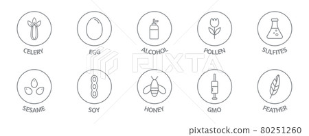 Allergen line icon big set. Feather, honey, gluten soy, pollen, gmo sesame, lactose, egg free. Organic and natural food labels. Allergy warning ingredients. Vector illustration 80251260