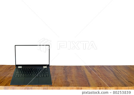 Slim black computer laptop portable open empty white screen display put on wooden table and copy space, isolated on white background 80253839