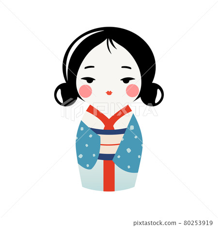 Cute Kokeshi doll in kimono. Traditional japanese souvenir. Vector kawaii kimono girl. Cute Kokeshi doll in kimono. Traditional japanese souvenir. Vector kawaii kimono girl. 80253919