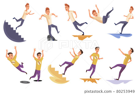 Set of falling man. Falling down people because of stumbling, slipping, accident, injury. Young men dangerous accidents. Bad luck, misfortune, fiasco. Business failure, company crash concept 80253949