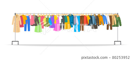 Men and women clothes on long rolling hanger rack. Many different garments hanging on store hanger stand with wheels. Flat cartoon vector illustration. Graphic element for sale banner 80253952