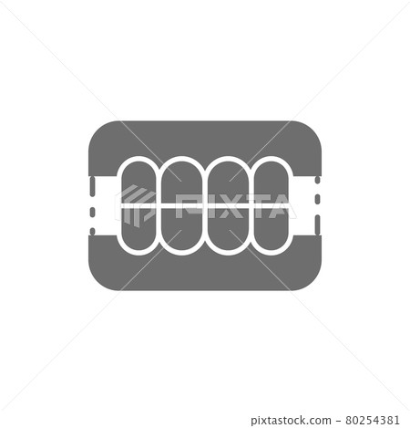 Dentures, dental prosthesis, tooth orthopedics grey icon. 80254381