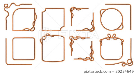 Rope frames. Hemp thread square and round borders, curved nautical cord lines. Realistic cartoon sailor jute strings and twines vector set 80254649