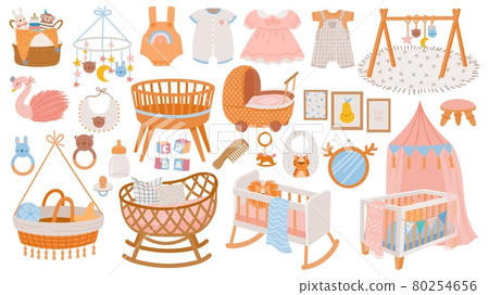 Newborn accessories. Nursery room interior elements, furniture and decor. Cradles, toys and baby dress and clothes in boho style vector set Newborn accessories. Nursery room interior elements, furniture and decor. Cradles, toys and baby dress and clothes in boho style vector set 80254656
