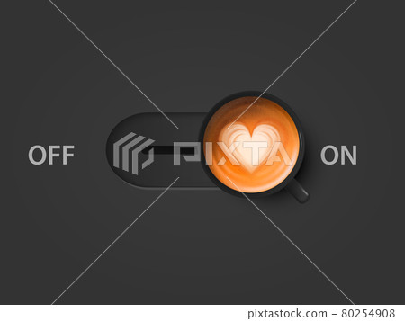 Concept Creative Banner. Vector 3d Realistic Off and On Switch with Milk Foam Coffee in Black Mug on Black Background. Capuccino, Latte. Heart Pattern. Design Template. Top View Concept Creative Banner. Vector 3d Realistic Off and On Switch with Milk Foam Coffee in Black Mug on Black Background. Capuccino, Latte. Heart Pattern. Design Template. Top View 80254908